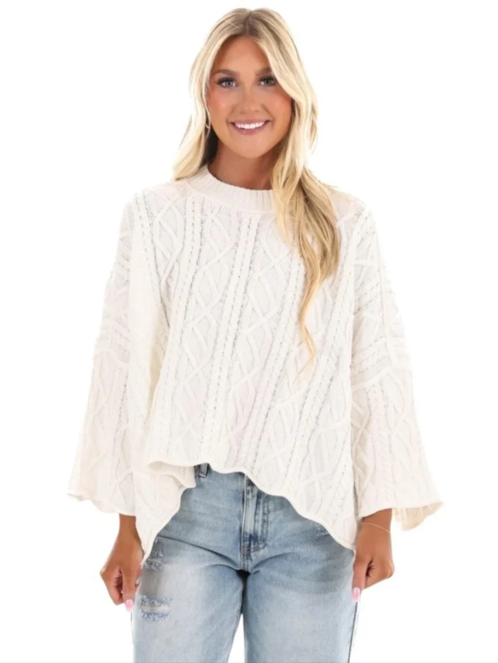 Free People Washed Ashore Cream Oversized Cable Knit Sweater L